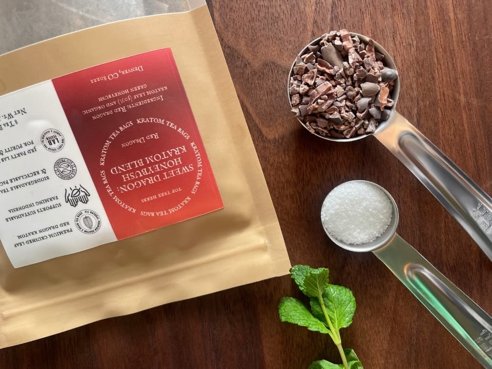 Brewing with a sweeter tea leaf like honeybush makes it easier to reduce the amount of sweetener you add to this chocolate mint kratom tea.