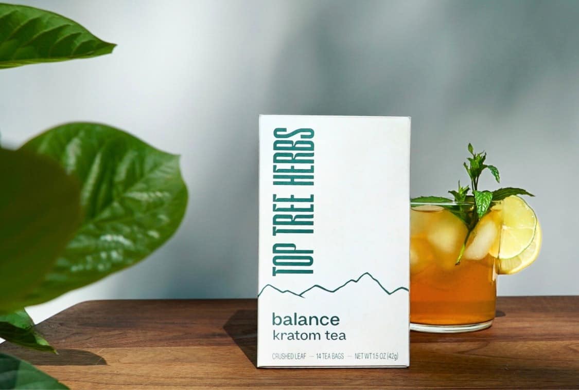 List of thinks kratom tea is good for; box and glass of iced tea with kratom leaves