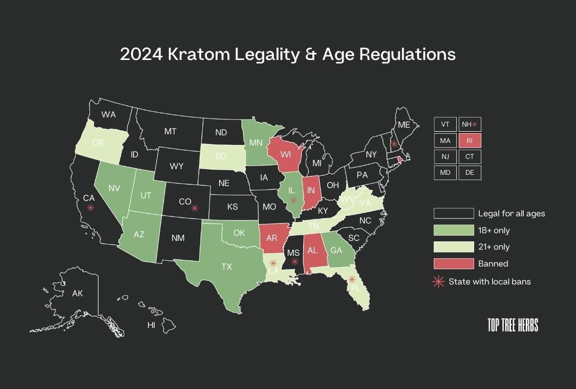 Map of kratom legality and age limits in all 50 US states as of 2024