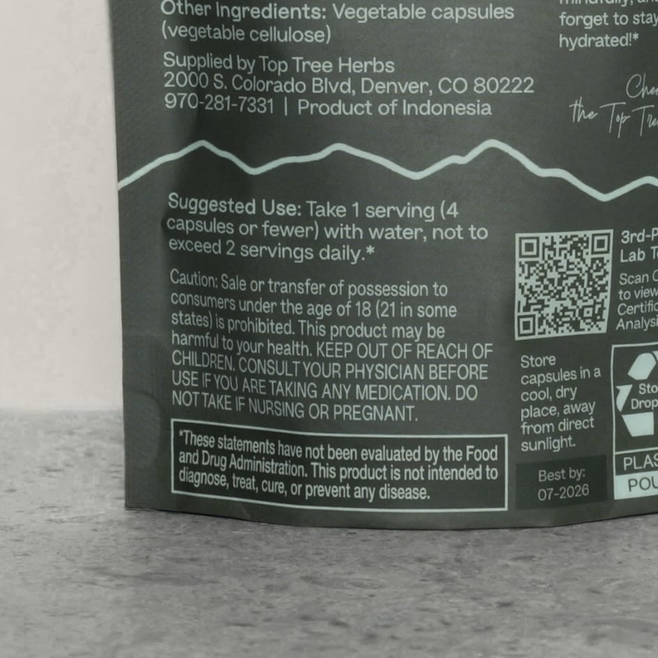 Kratom warnings and age restrictions on a product label.