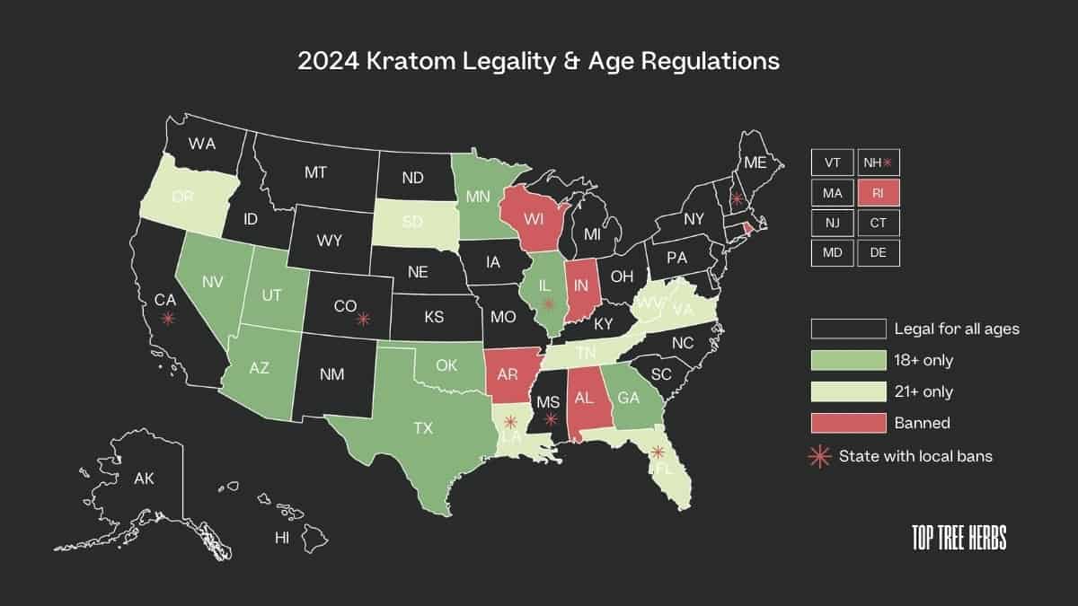 Kratom Legality Map Showing IN Ban
